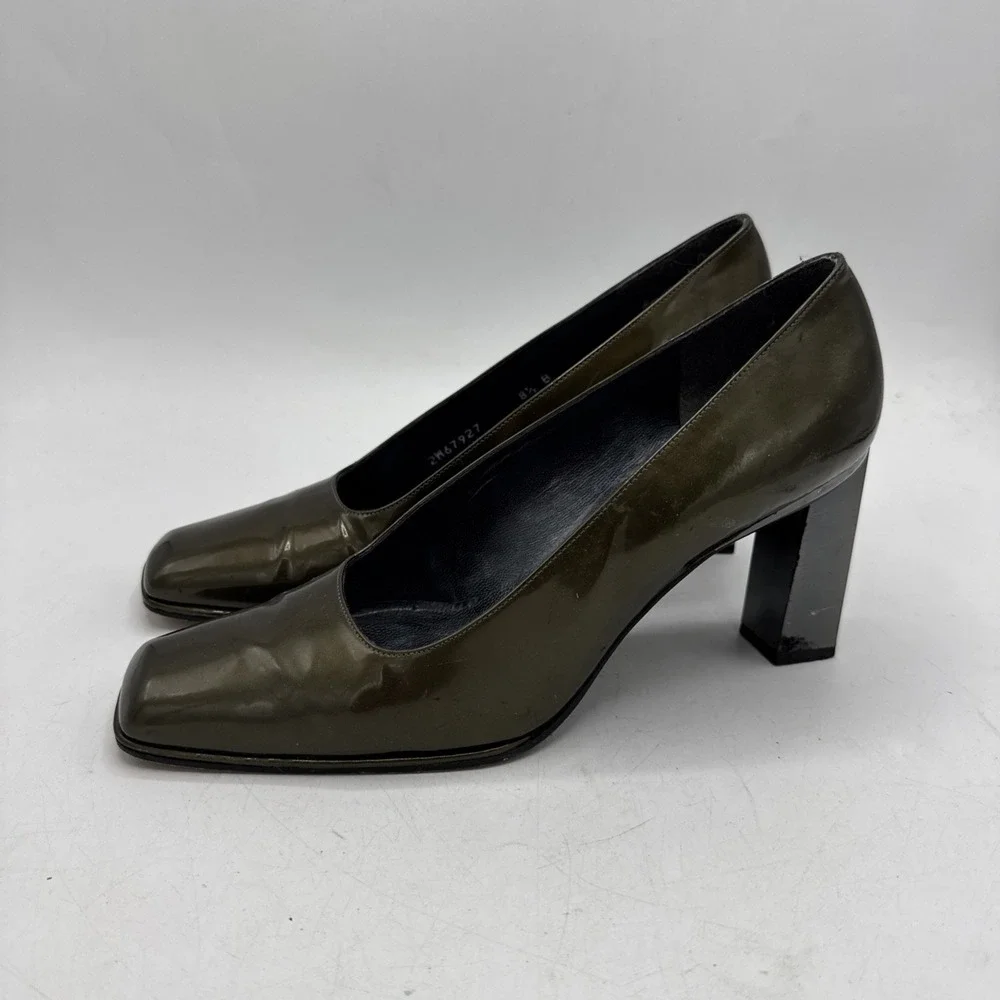 Stuart Weitzman Heels‎ Womens 8.5 B Metallic Olive/ Bronze Patent Leather Pumps